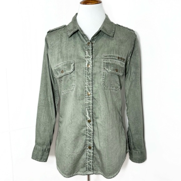 Rails Studded Distressed Green Snap Button Long Sleeve Utility Shacket Shirt - Picture 7 of 10